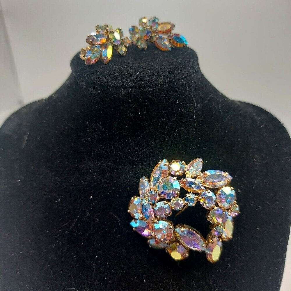 VTG Sherman Swarovski Crystals AB Brooch and Clip on Earrings Demi Parure Signed